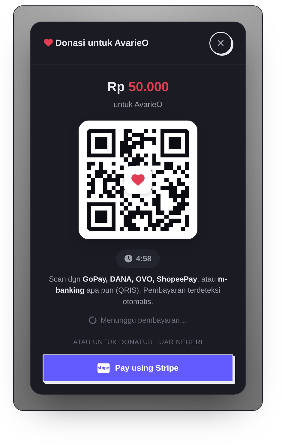 Contoh tampilan pembayaran: QRIS untuk donatur Indonesia dan tombol Pay using Stripe untuk donatur mancanegara
